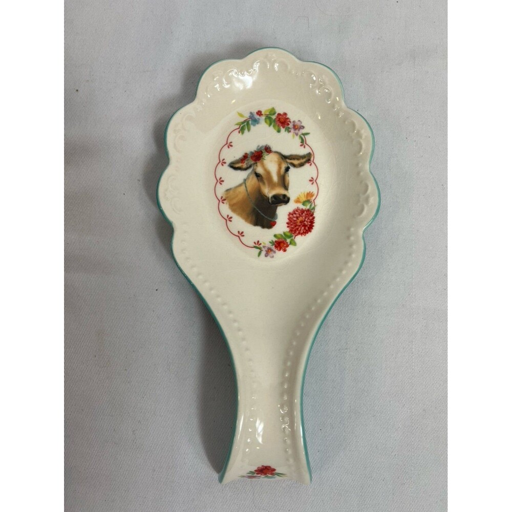 The Pioneer Woman Ceramic Spoon Rest Teal Vintage Floral Cow